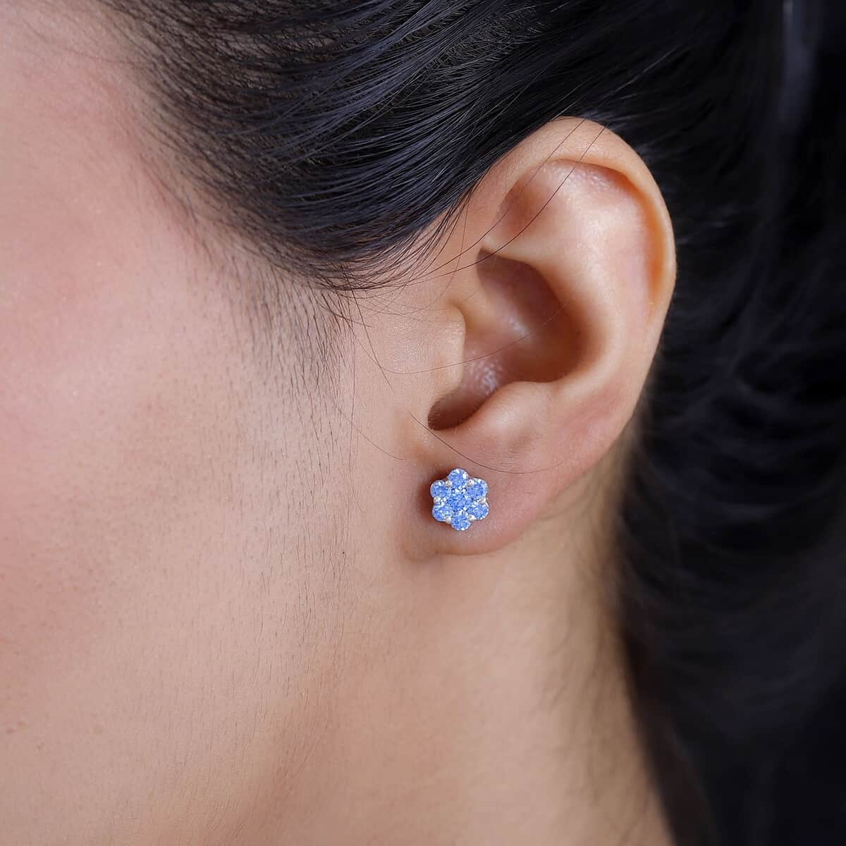 J Francis Embellished with Arctic Blue Crystal by Swarovski Blooming Flower Earrings in Rhodium Over Sterling Silver image number 2