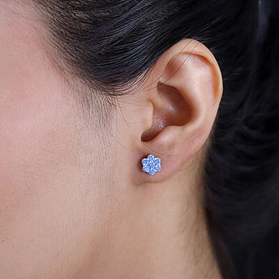 J Francis Embellished with Arctic Blue Crystal by Swarovski Blooming Flower Earrings in Rhodium Over Sterling Silver