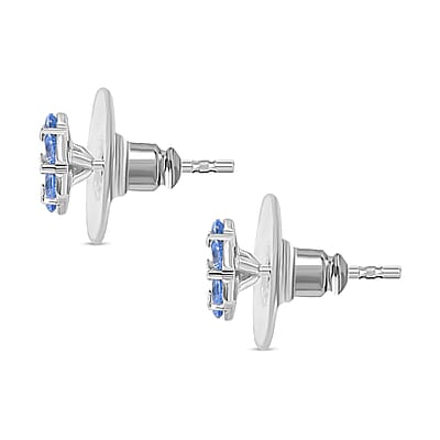 J Francis Embellished with Arctic Blue Crystal by Swarovski Blooming Flower Earrings in Rhodium Over Sterling Silver