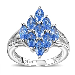 J Francis Embellished with Arctic Blue and White Zirconia by Swarovski 3.50 ctw Ocean Bloom Ring in Rhodium Over Sterling Silver (Size 9.0) 