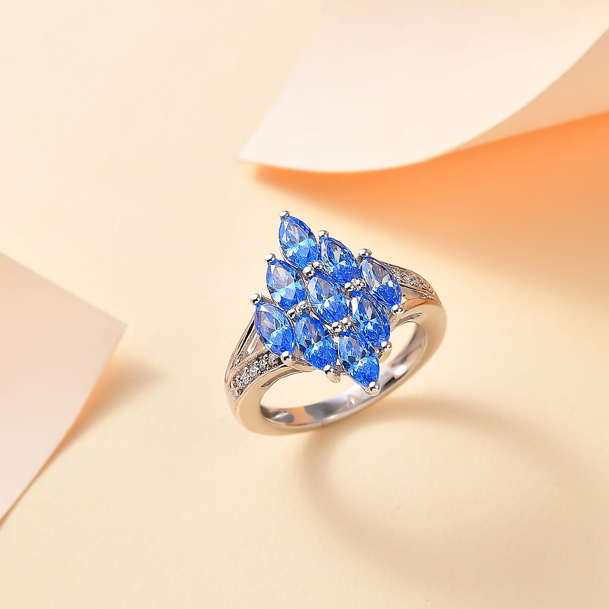 J Francis Embellished with Arctic Blue and White Zirconia by Swarovski 3.50 ctw Ocean Bloom Ring in Rhodium Over Sterling Silver (Size 9.0)  image number 1