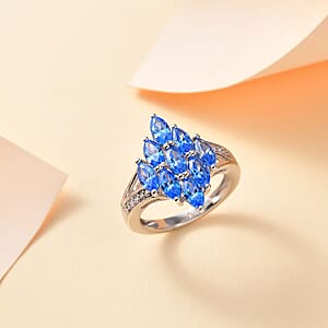 J Francis Embellished with Arctic Blue and White Zirconia by Swarovski 3.50 ctw Ocean Bloom Ring in Rhodium Over Sterling Silver (Size 9.0) 