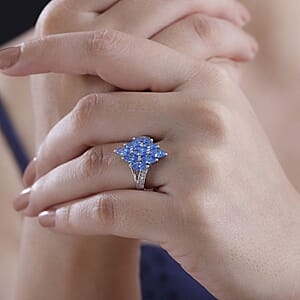 J Francis Embellished with Arctic Blue and White Zirconia by Swarovski 3.50 ctw Ocean Bloom Ring in Rhodium Over Sterling Silver (Size 9.0) 