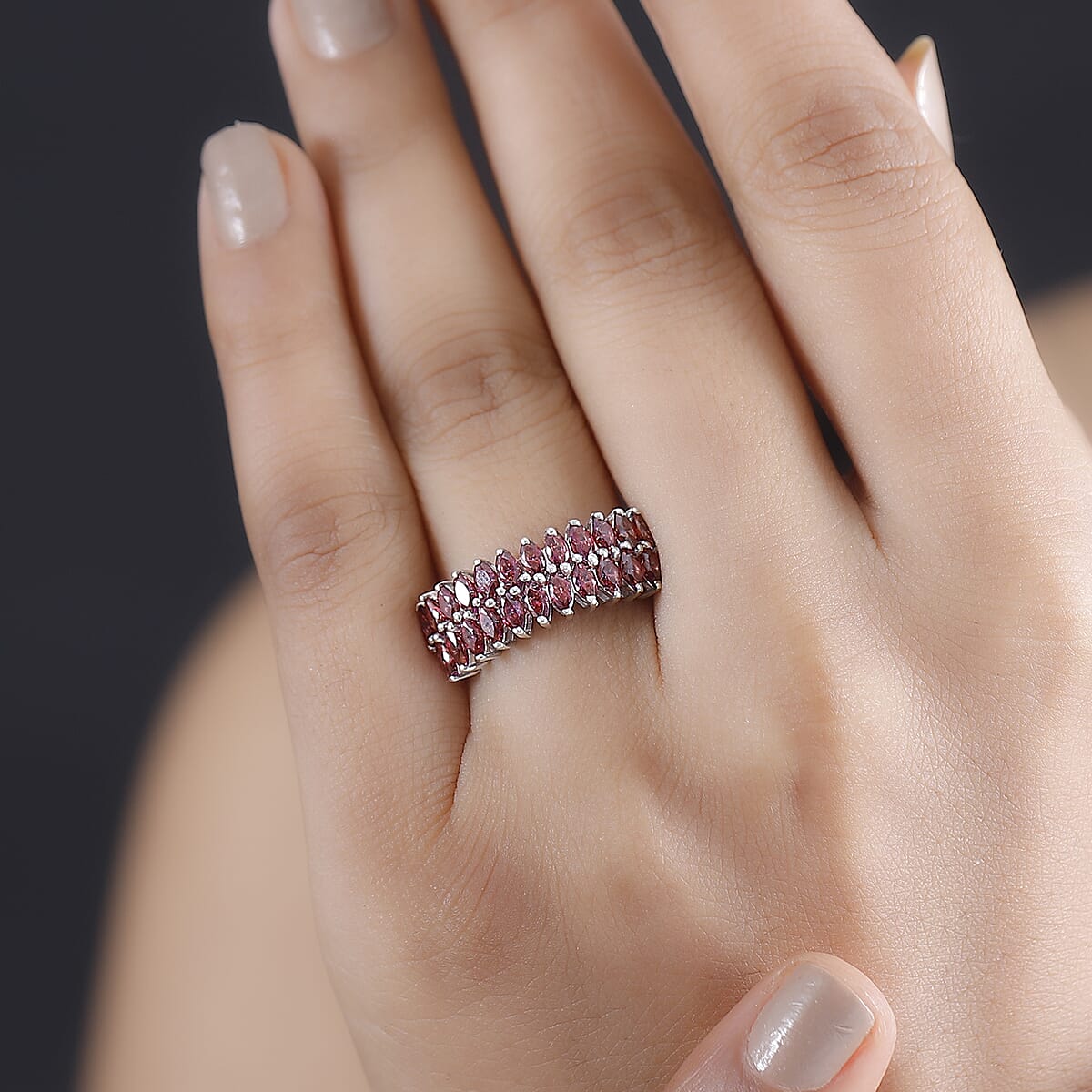 J Francis Embellished with Red Dark Zirconia by Swarovski 2.65 ctw Crimson Cascade Ring in Rhodium Over Sterling Silver (Size 9.0) image number 2