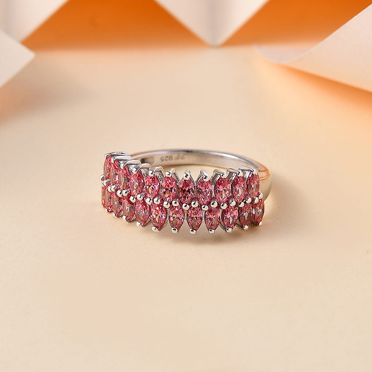 J Francis Embellished with Fancy Pink Zirconia by Swarovski 2.65 ctw Crimson Cascade Ring in Rhodium Over Sterling Silver (Size 10.0) image number 1