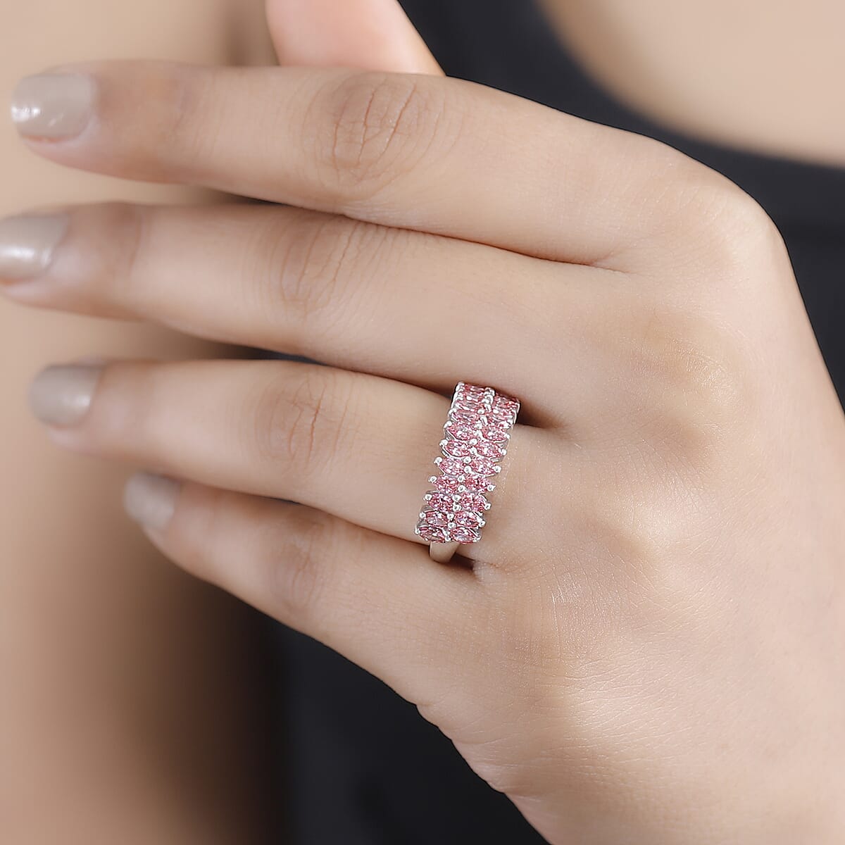 J Francis Embellished with Fancy Pink Zirconia by Swarovski 2.65 ctw Crimson Cascade Ring in Rhodium Over Sterling Silver (Size 10.0) image number 2