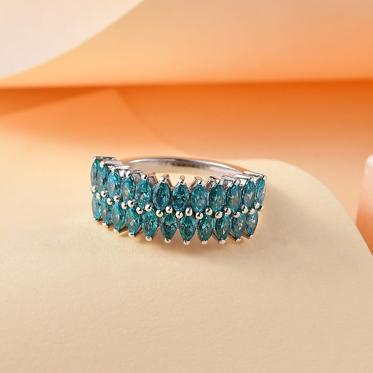 J Francis Embellished with Mint Green Zirconia by Swarovski 2.75 ctw Crimson Cascade Ring in Rhodium Over Sterling Silver (Size 10.0) image number 1