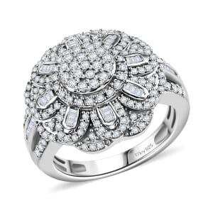 Diamond 1.00 ctw Floral Ring in Rhodium Over Sterling Silver (Size 10.0)