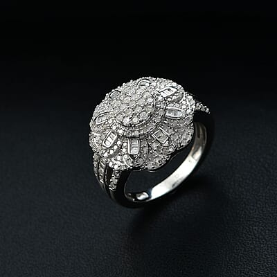 Diamond 1.00 ctw Floral Ring in Rhodium Over Sterling Silver (Size 10.0)