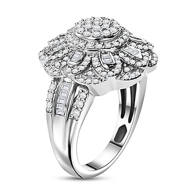 Diamond 1.00 ctw Floral Ring in Rhodium Over Sterling Silver (Size 10.0)