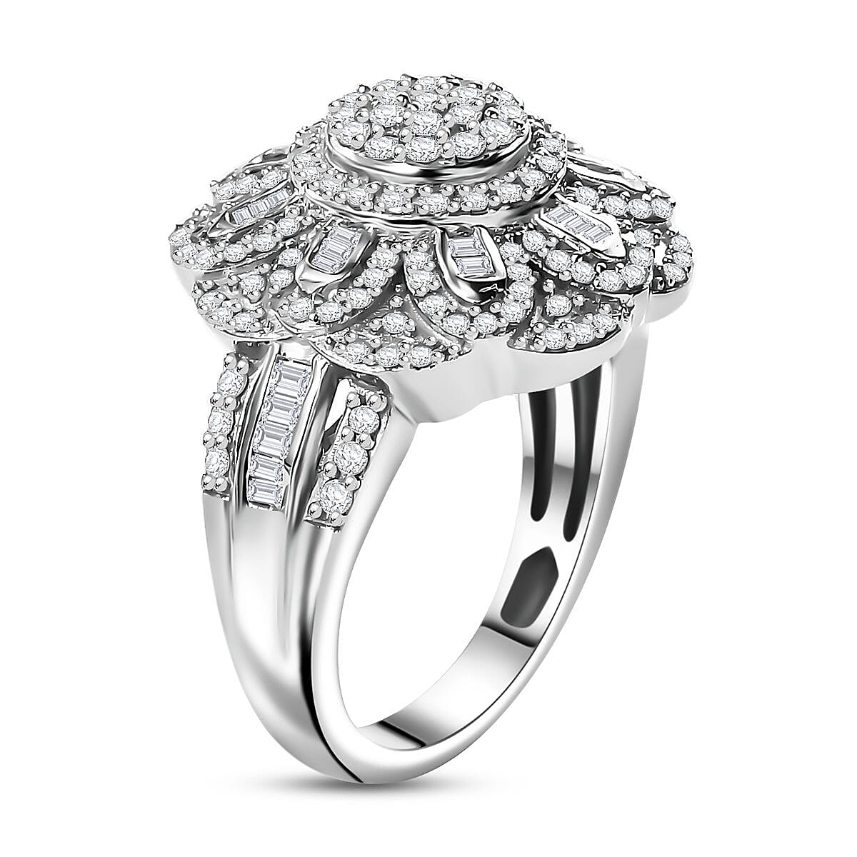 Diamond 1.00 ctw Floral Ring in Rhodium Over Sterling Silver (Size 6.0) image number 3