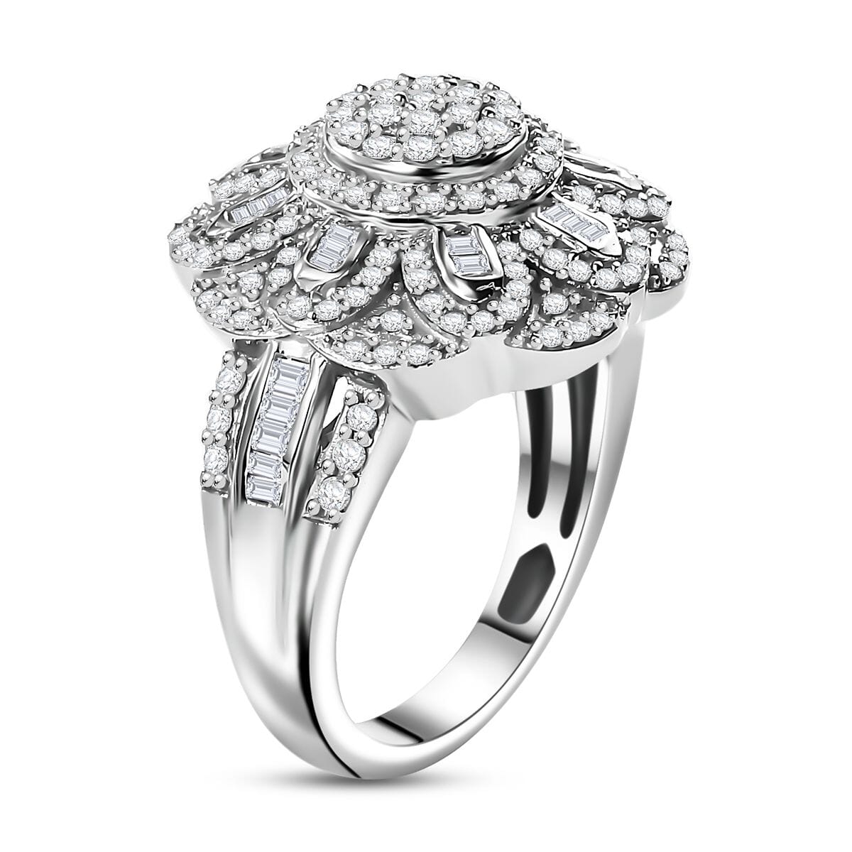 Diamond 1.00 ctw Floral Ring in Rhodium Over Sterling Silver (Size 7.0) image number 3
