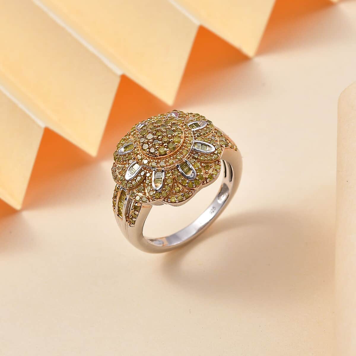 Yellow Diamond 1.00 ctw Floral Ring in Rhodium Over Sterling Silver (Size 6.0) image number 1