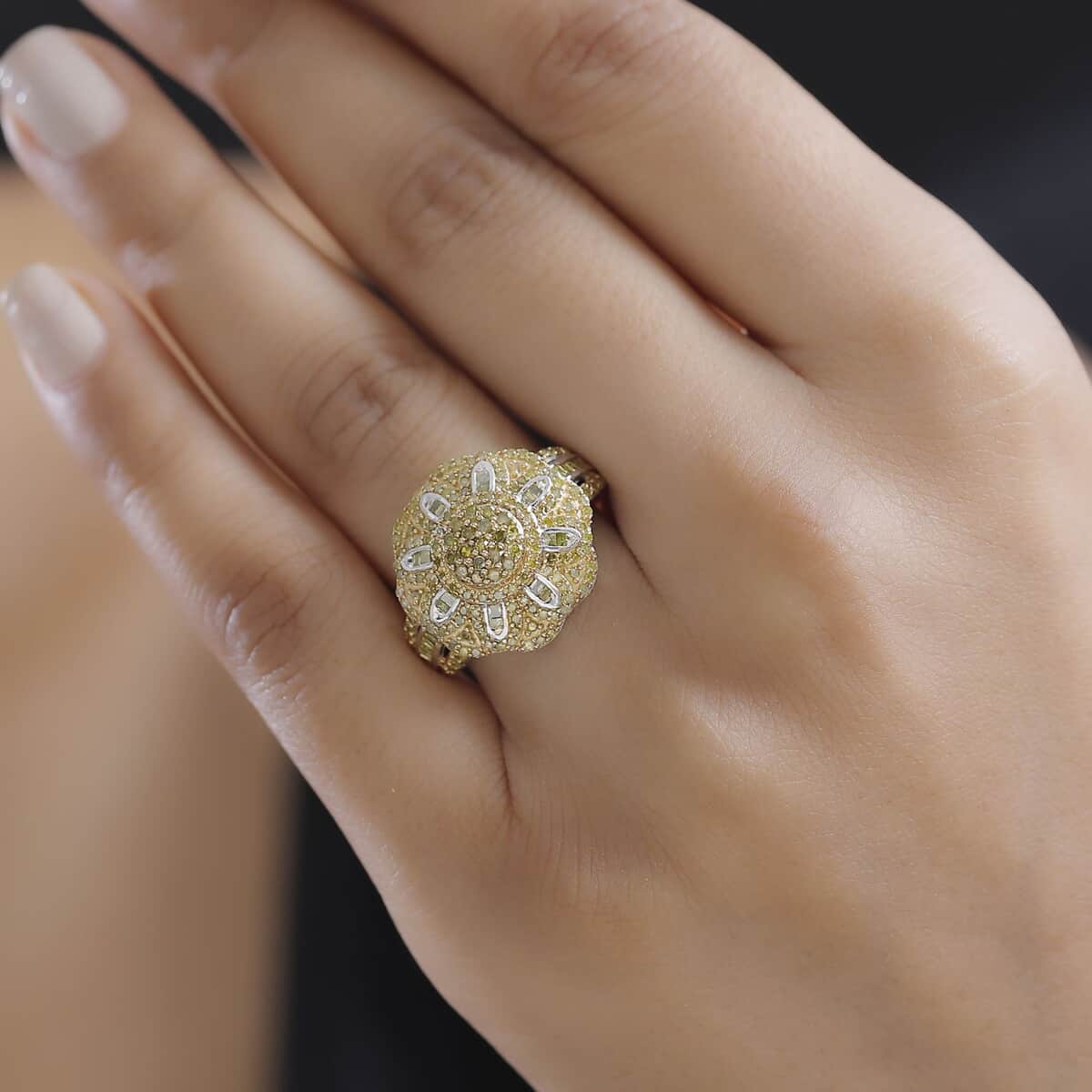 Yellow Diamond 1.00 ctw Floral Ring in Rhodium Over Sterling Silver (Size 6.0) image number 2