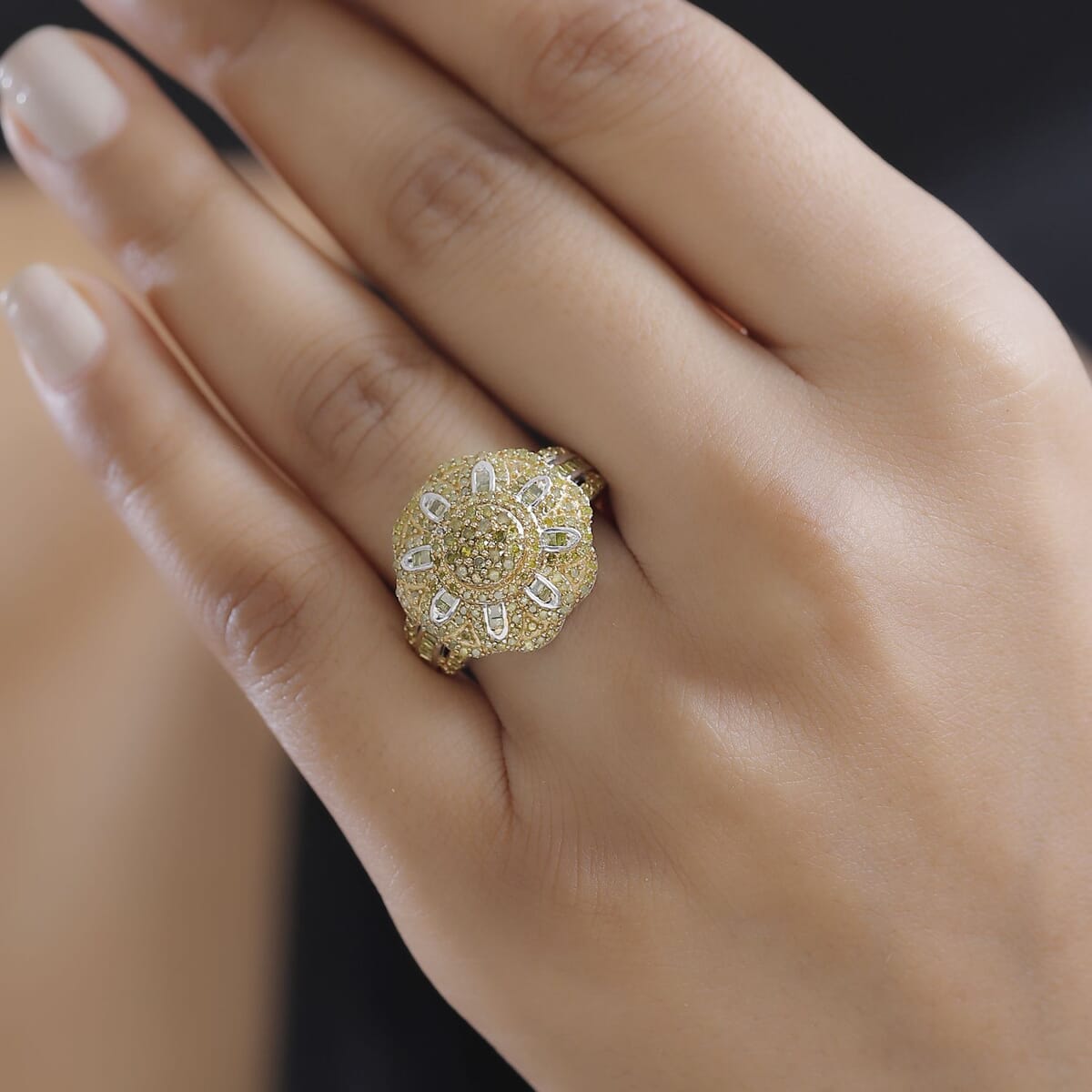 Yellow Diamond 1.00 ctw Floral Ring in Rhodium Over Sterling Silver (Size 7.0) image number 2