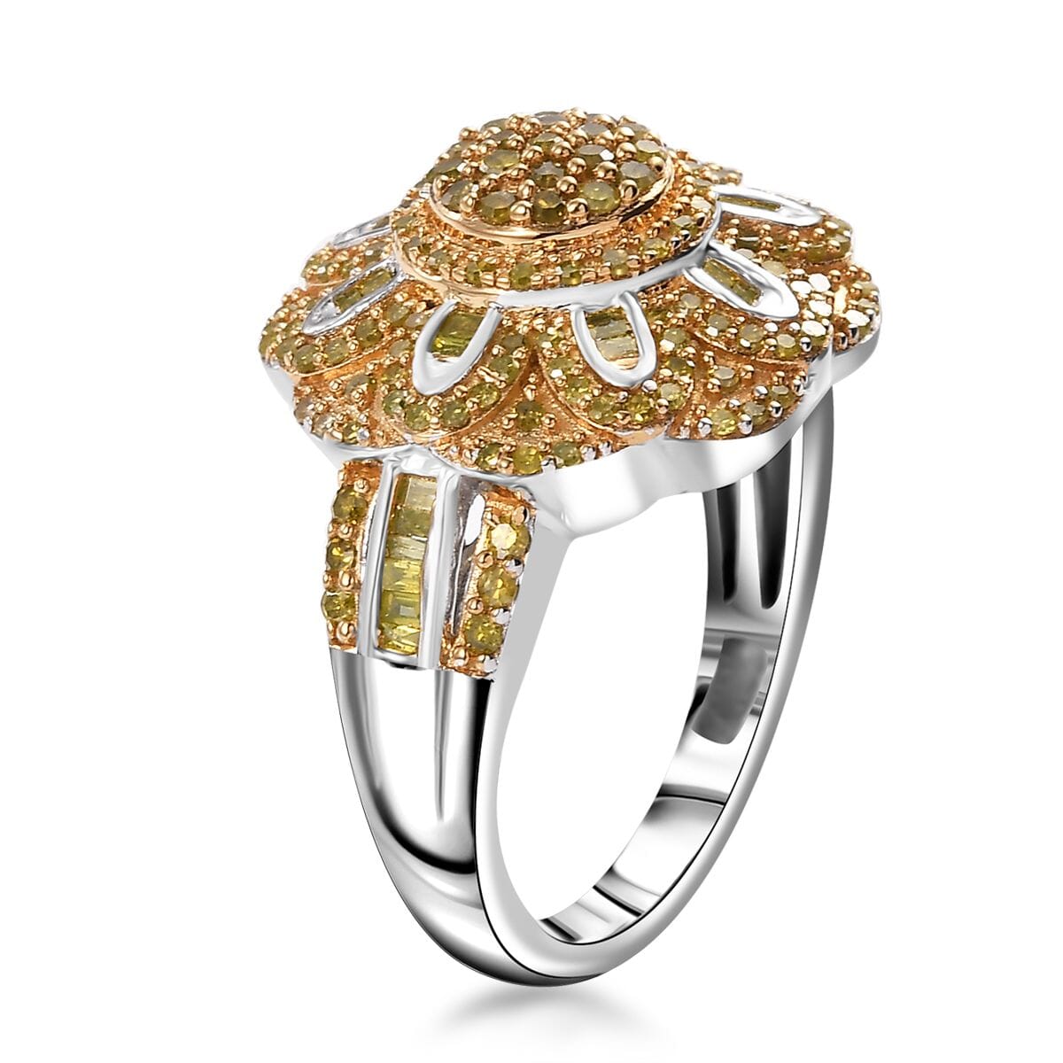 Yellow Diamond 1.00 ctw Floral Ring in Rhodium Over Sterling Silver (Size 7.0) image number 3