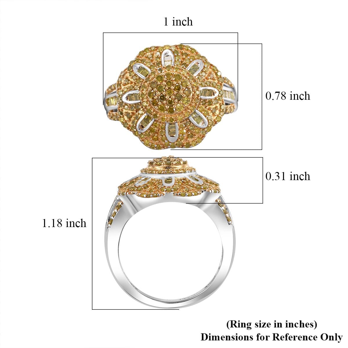 Yellow Diamond 1.00 ctw Floral Ring in Rhodium Over Sterling Silver (Size 7.0) image number 5