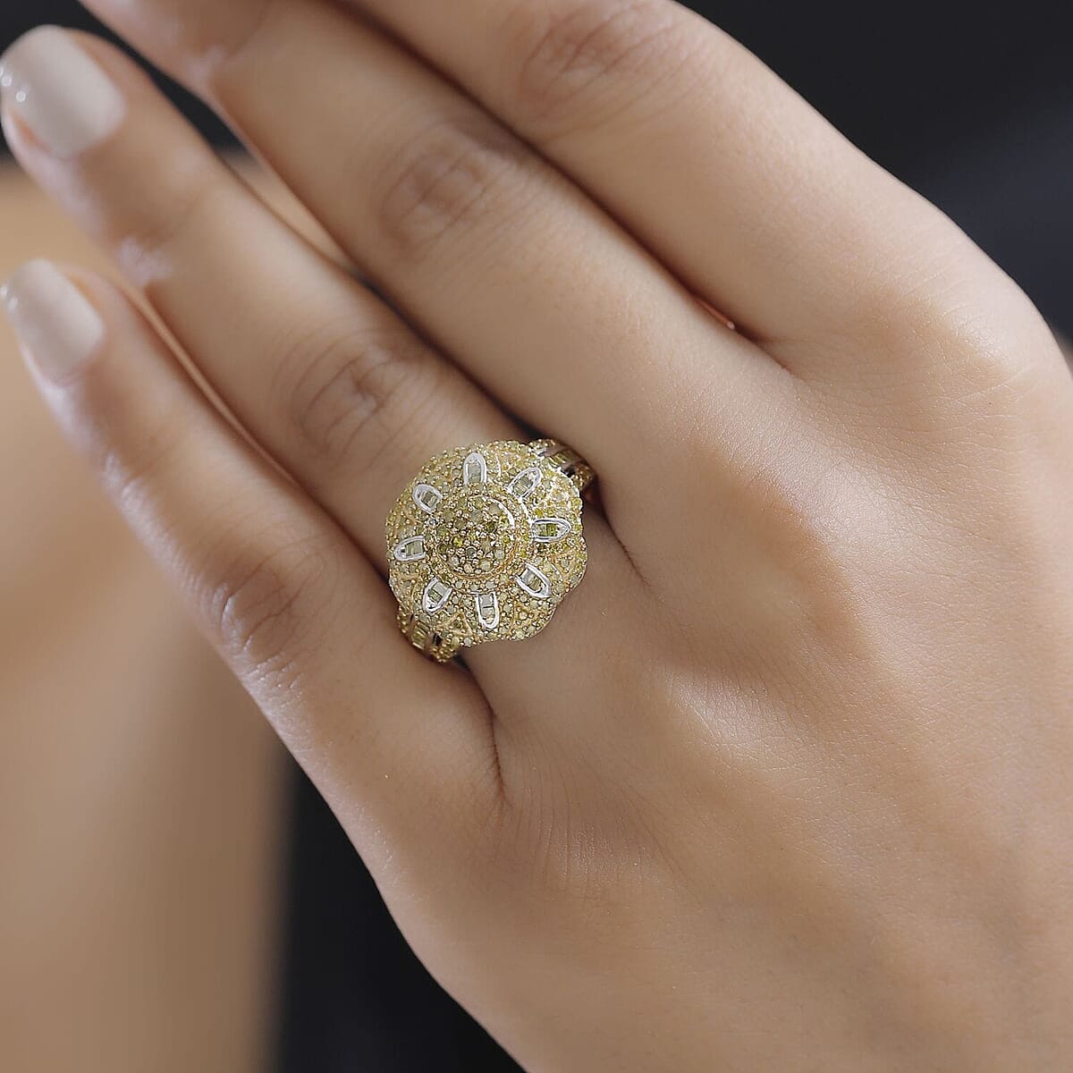 D'Joy Yellow Diamond 1.00 ctw Floral Ring in Rhodium Over Sterling Silver (Size 9.0) image number 2