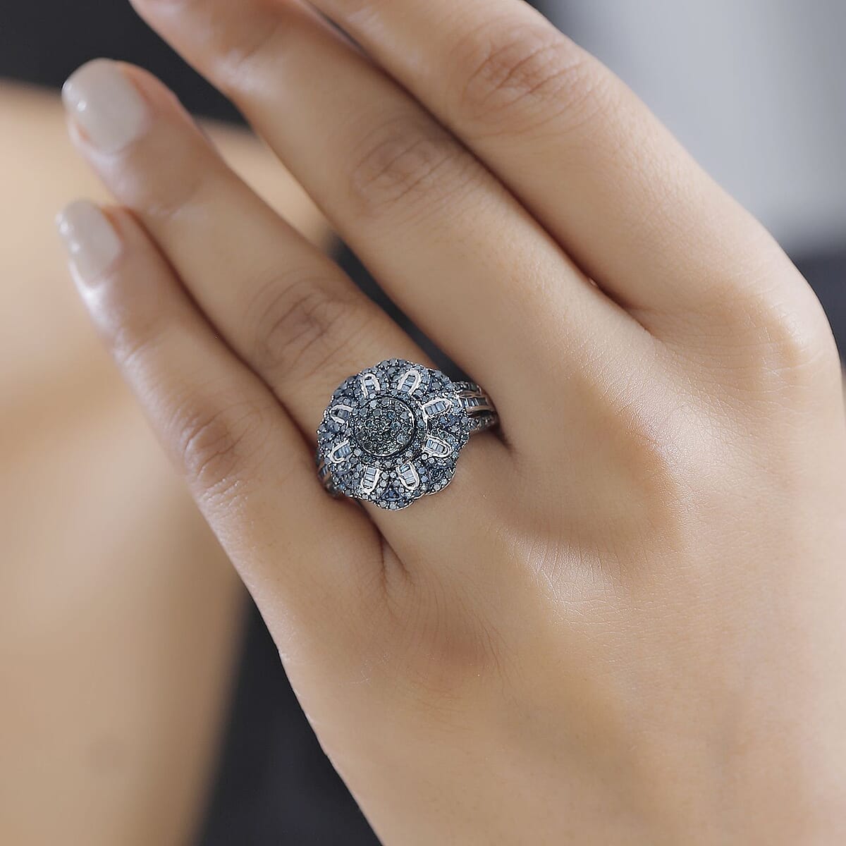 Blue Diamond 1.00 ctw Floral Ring in Rhodium Over Sterling Silver (Size 10.0) image number 2
