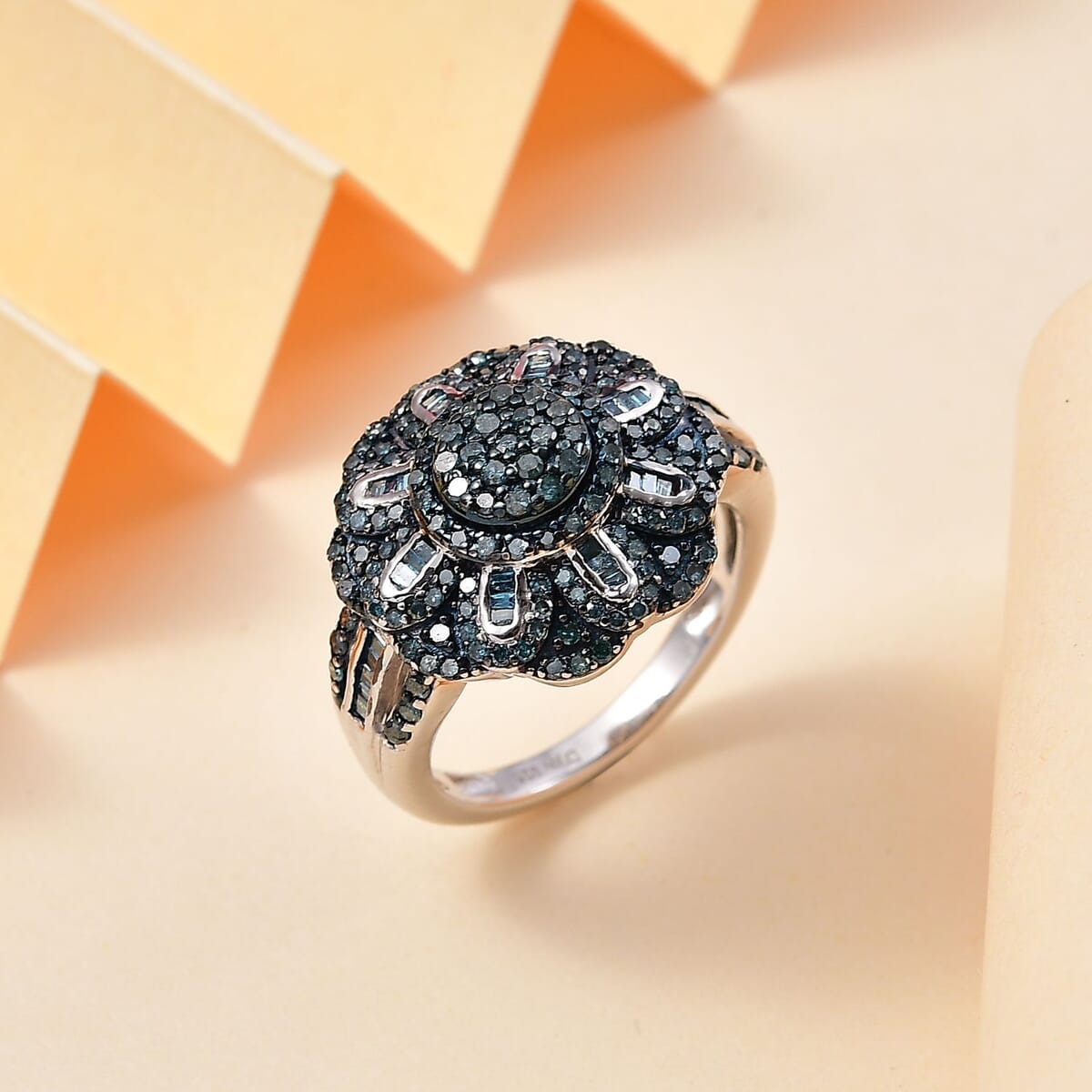 Blue Diamond 1.00 ctw Floral Ring in Rhodium Over Sterling Silver (Size 6.0) image number 1
