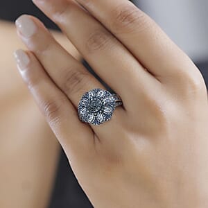D'Joy Blue Diamond 1.00 ctw Floral Ring in Rhodium Over Sterling Silver (Size 6.0)