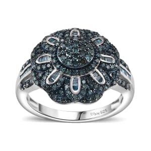 Blue Diamond 1.00 ctw Floral Ring in Rhodium Over Sterling Silver (Size 8.0)
