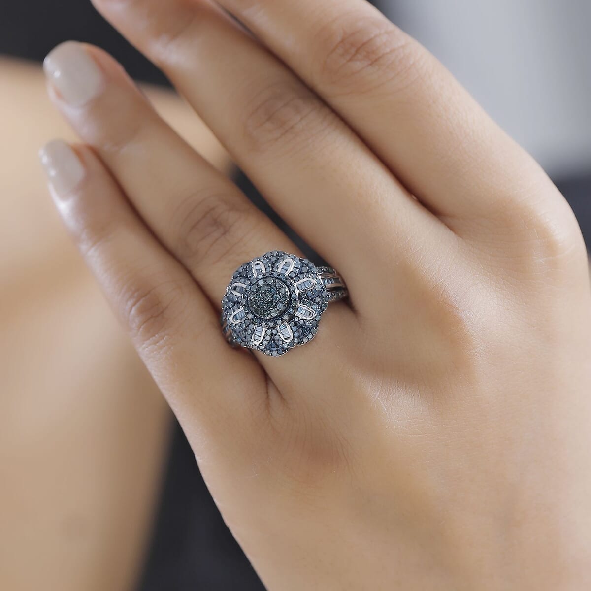 Blue Diamond 1.00 ctw Floral Ring in Rhodium Over Sterling Silver (Size 8.0) image number 2