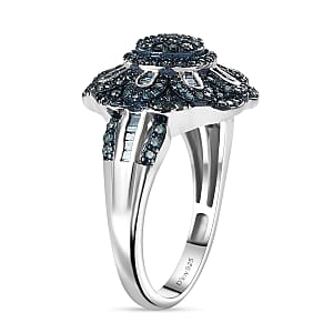 D'Joy Blue Diamond 1.00 ctw Floral Ring in Rhodium Over Sterling Silver (Size 9.0)
