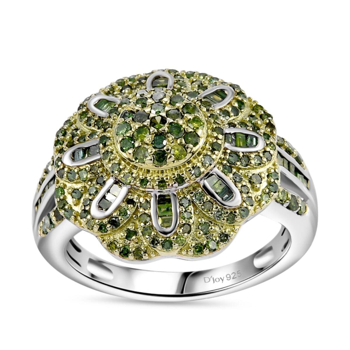 Green Diamond (IR) Floral Ring in Rhodium Over Sterling Silver (Size 10.0) 1.00 ctw image number 0