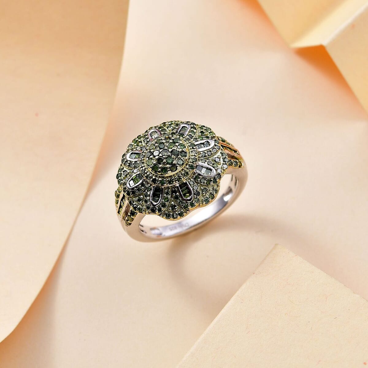 Green Diamond (IR) Floral Ring in Rhodium Over Sterling Silver (Size 10.0) 1.00 ctw image number 1