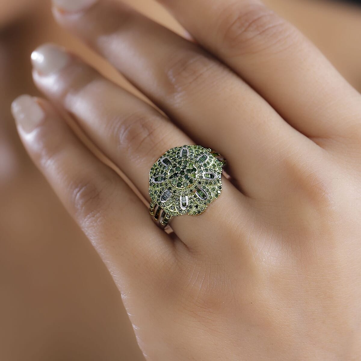 Green Diamond (IR) Floral Ring in Rhodium Over Sterling Silver (Size 10.0) 1.00 ctw image number 2