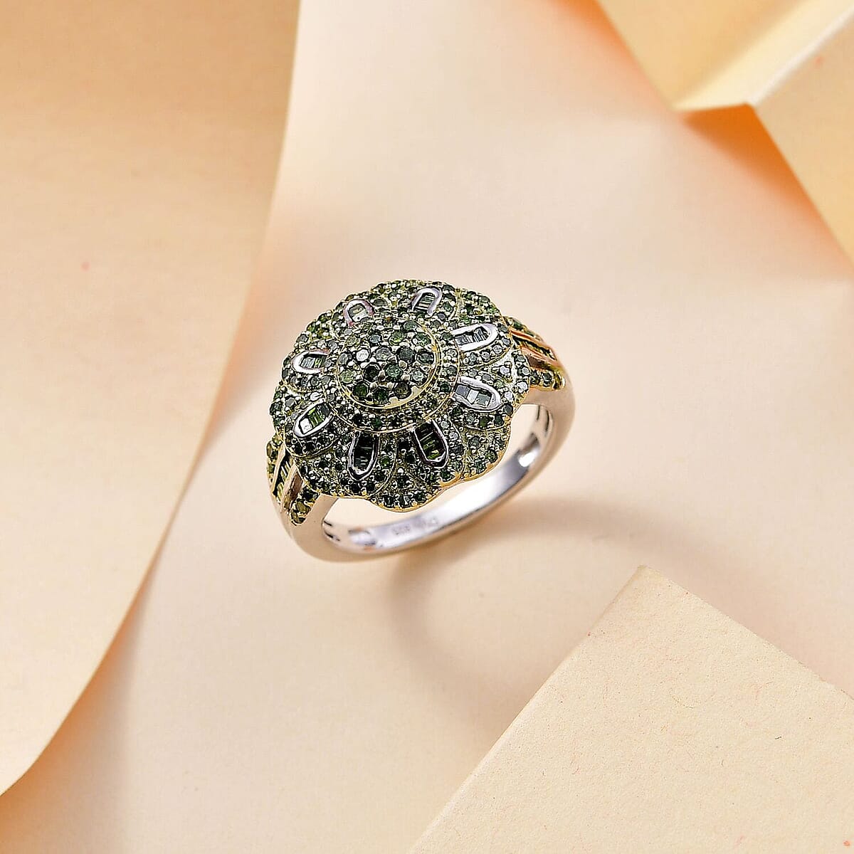Green Diamond 1.00 ctw Floral Ring in Rhodium Over Sterling Silver (Size 6.0) image number 1