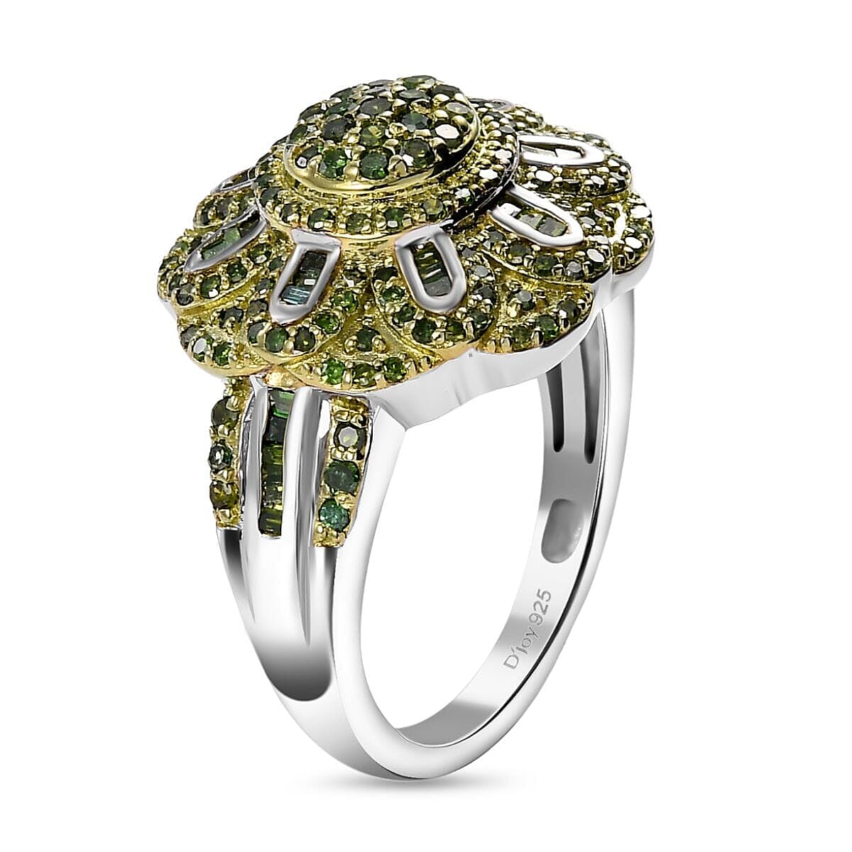 Green Diamond 1.00 ctw Floral Ring in Rhodium Over Sterling Silver (Size 6.0) image number 3