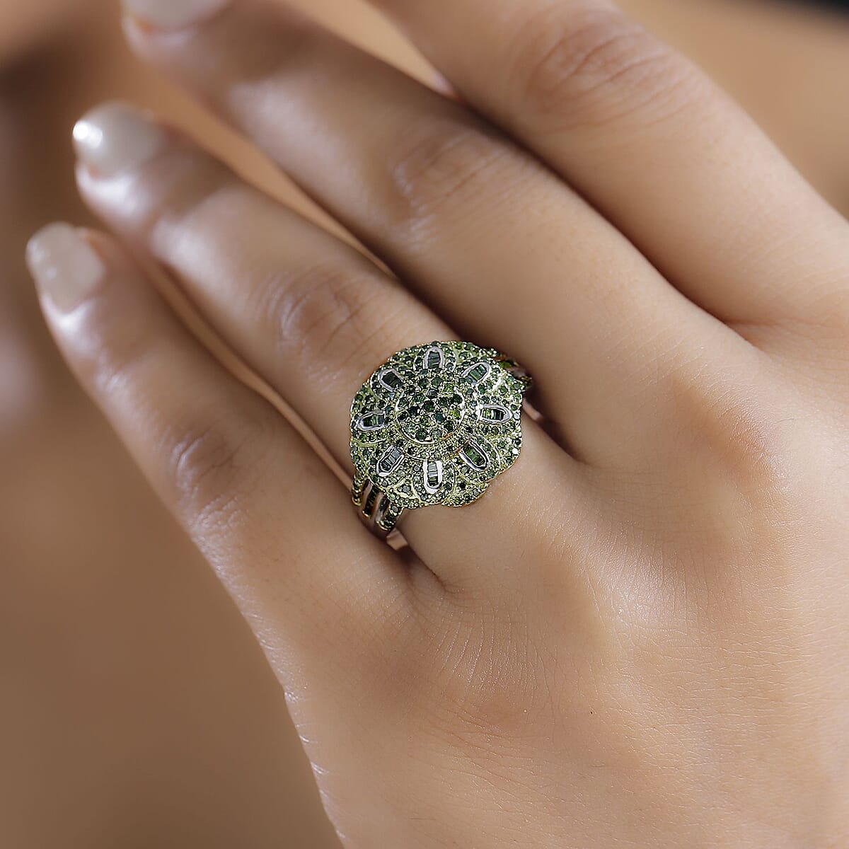 Green Diamond 1.00 ctw Floral Ring in Rhodium Over Sterling Silver (Size 7.0) image number 2