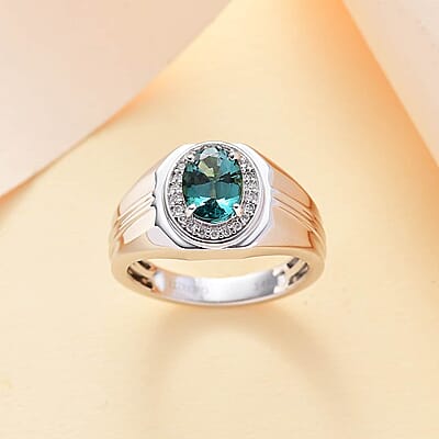 Luxoro AAA Pirineu Lagoon Tourmaline and G-H I2 Diamond 1.70 ctw Men's Ring in 14K White Gold (Size 10.0) 6.60 Grams