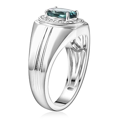 Luxoro AAA Pirineu Lagoon Tourmaline and G-H I2 Diamond 1.70 ctw Men's Ring in 14K White Gold (Size 10.0) 6.60 Grams