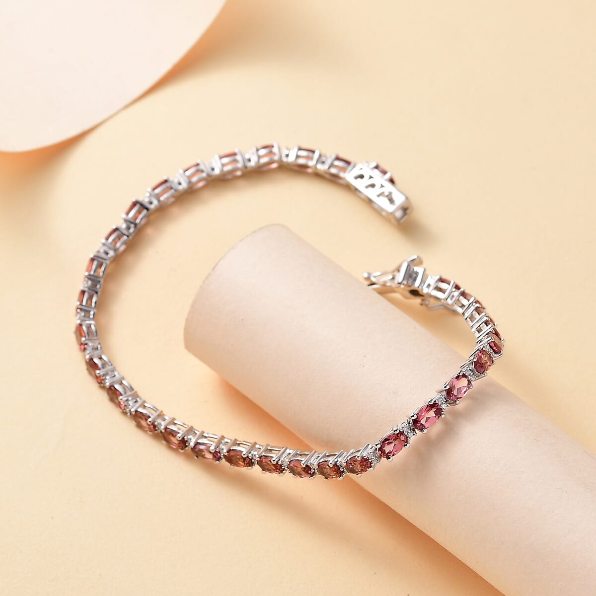 Premium Tanzanian Blush Garnet and Moissanite 7.80 ctw Art Deco Bracelet in Rhodium Over Sterling Silver (6.50 In) image number 1