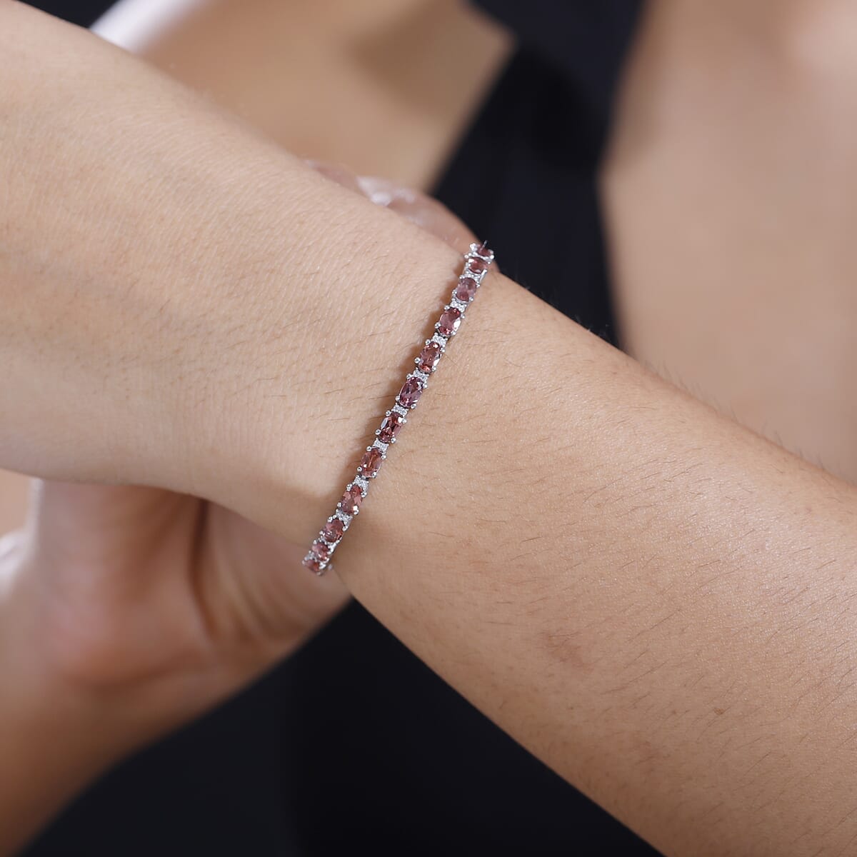 Premium Tanzanian Blush Garnet and Moissanite 7.80 ctw Art Deco Bracelet in Rhodium Over Sterling Silver (6.50 In) image number 2