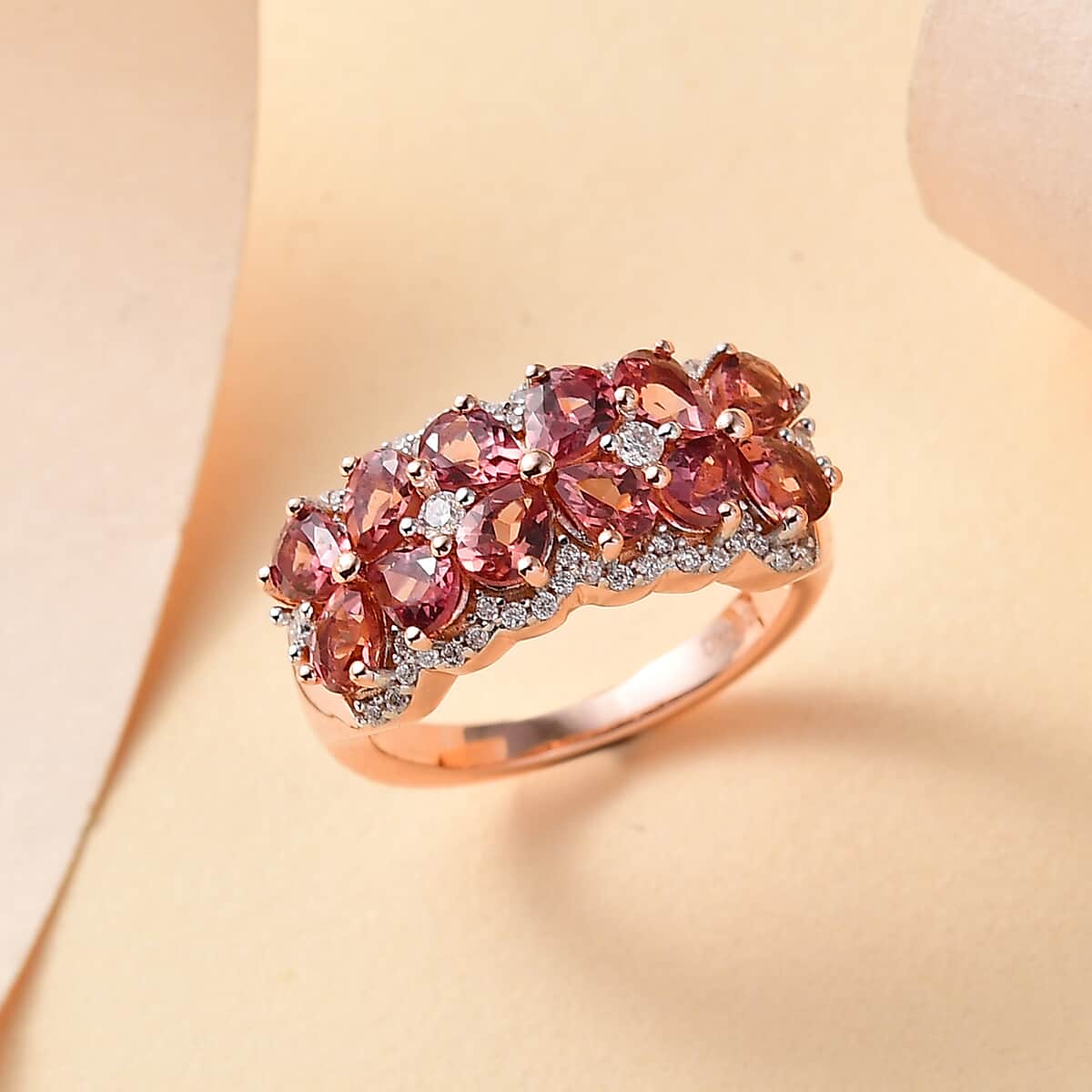 Tanzanian Blush Garnet and Moissanite 2.50 ctw Art Deco Ring in 18K Vermeil Rose Gold Over Sterling Silver (Size 7.0) image number 1