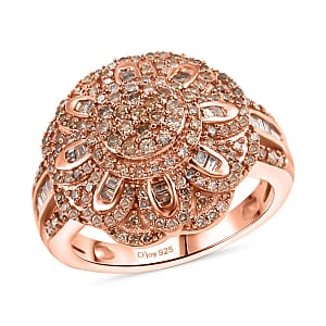 Natural Champagne Diamond 1.00 ctw Floral Ring in 18K Vermeil Rose Gold Over Sterling Silver (Size 7.0)