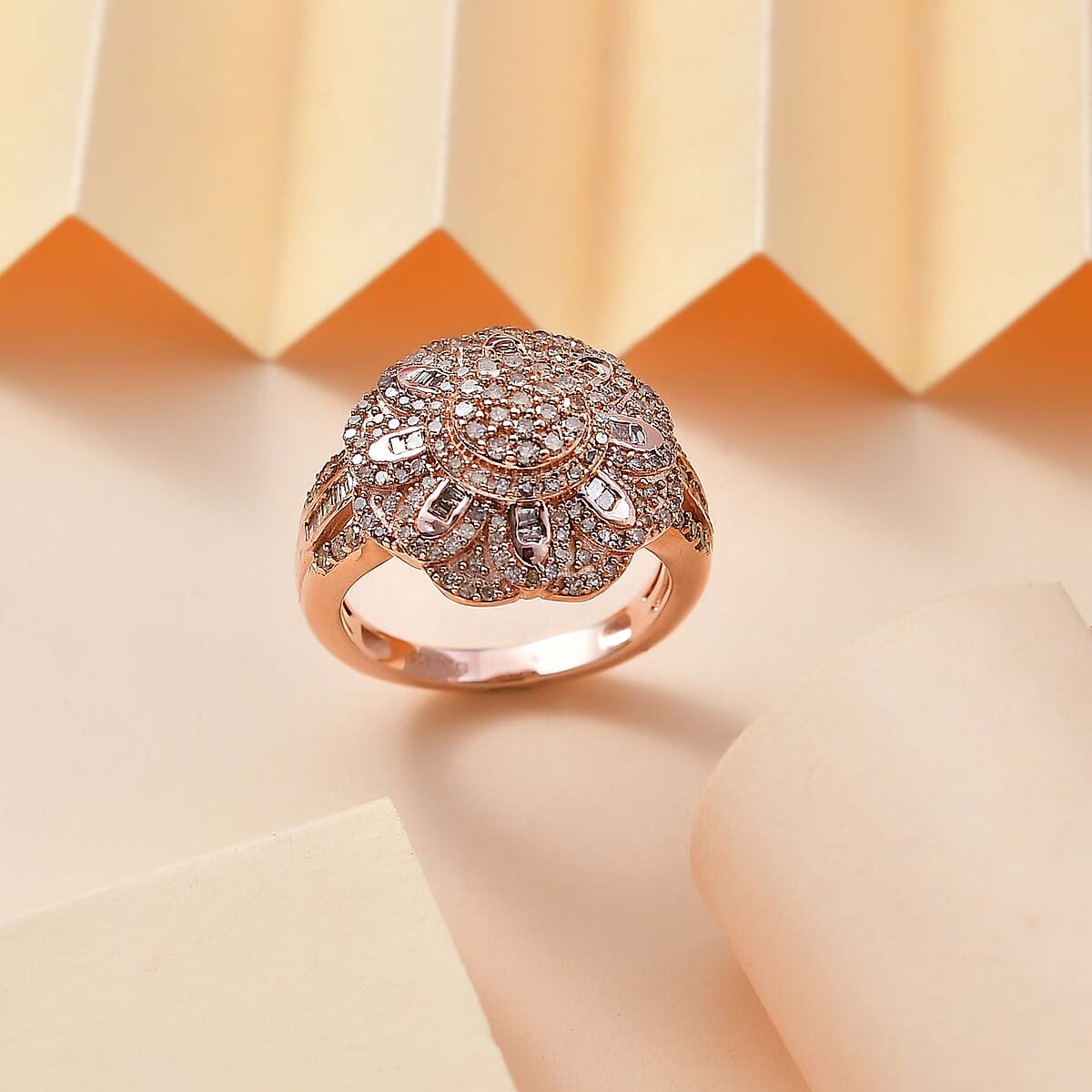 D'Joy Natural Champagne Diamond 1.00 ctw Floral Ring in 18K Vermeil Rose Gold Over Sterling Silver (Size 9.0) image number 1