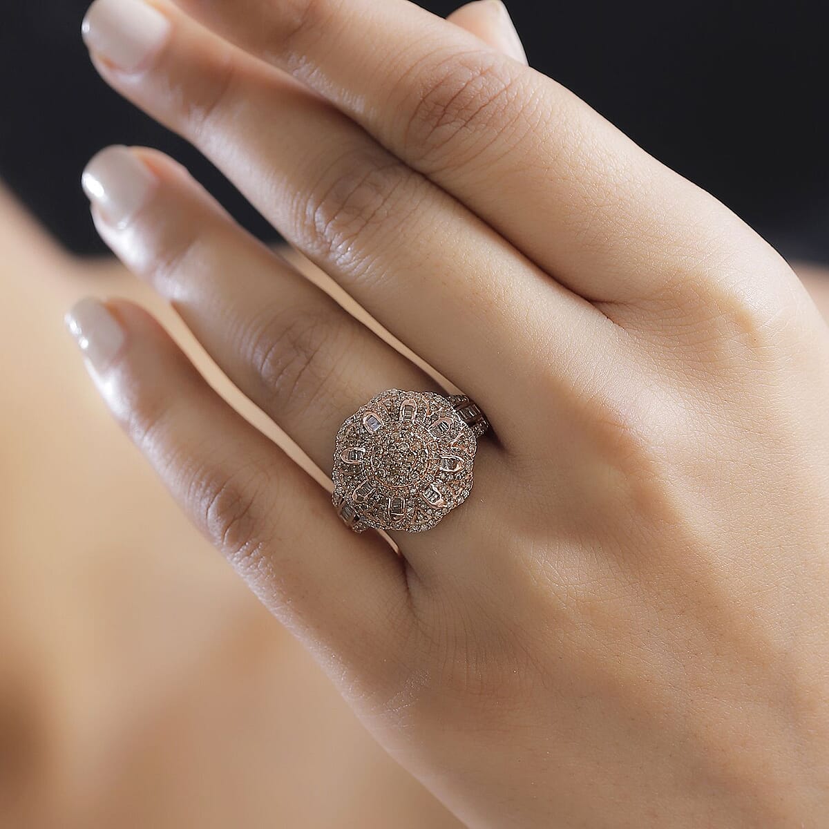 D'Joy Natural Champagne Diamond 1.00 ctw Floral Ring in 18K Vermeil Rose Gold Over Sterling Silver (Size 9.0) image number 2