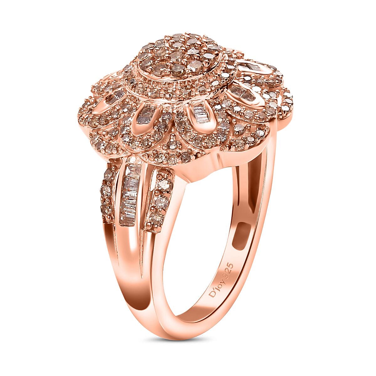 D'Joy Natural Champagne Diamond 1.00 ctw Floral Ring in 18K Vermeil Rose Gold Over Sterling Silver (Size 9.0) image number 3