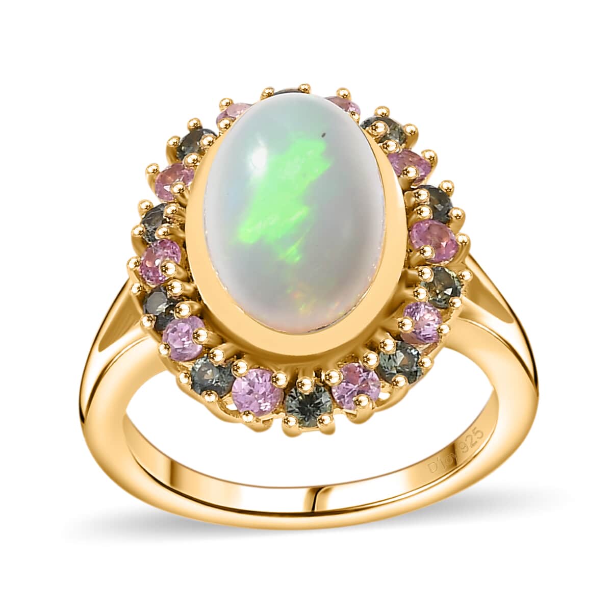 Premium Ethiopian Welo Opal, Pink and Green Sapphire 3.20 ctw Blooming Ring in 18K Vermeil Yellow Gold Over Sterling Silver (Size 10.0) image number 0