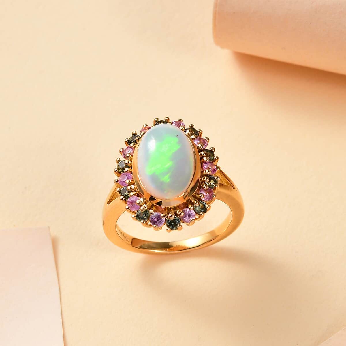 Premium Ethiopian Welo Opal, Pink and Green Sapphire 3.20 ctw Blooming Ring in 18K Vermeil Yellow Gold Over Sterling Silver (Size 10.0) image number 1