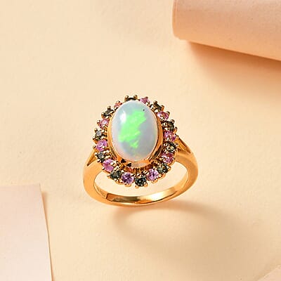 Premium Ethiopian Welo Opal, Pink and Green Sapphire 3.20 ctw Blooming Ring in 18K Vermeil Yellow Gold Over Sterling Silver (Size 10.0)