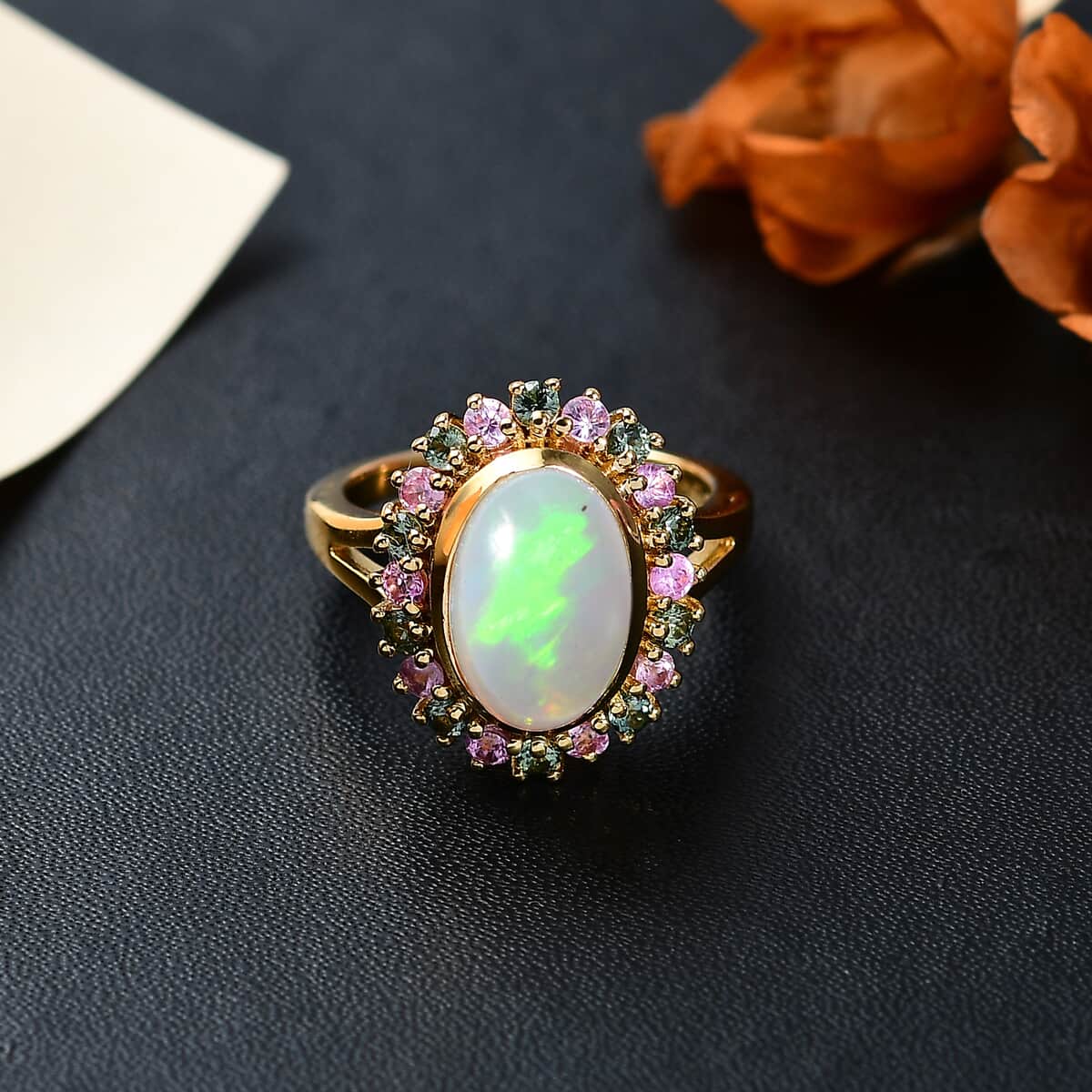 Premium Ethiopian Welo Opal, Pink and Green Sapphire 3.20 ctw Blooming Ring in 18K Vermeil Yellow Gold Over Sterling Silver (Size 10.0) image number 2