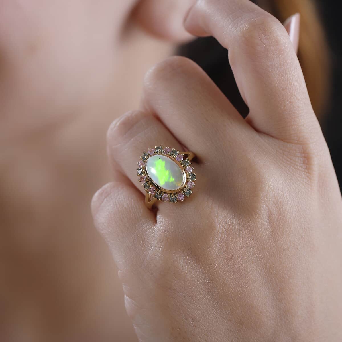 Premium Ethiopian Welo Opal, Pink and Green Sapphire 3.20 ctw Blooming Ring in 18K Vermeil Yellow Gold Over Sterling Silver (Size 10.0) image number 3