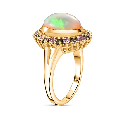 Premium Ethiopian Welo Opal, Pink and Green Sapphire 3.20 ctw Blooming Ring in 18K Vermeil Yellow Gold Over Sterling Silver (Size 10.0)