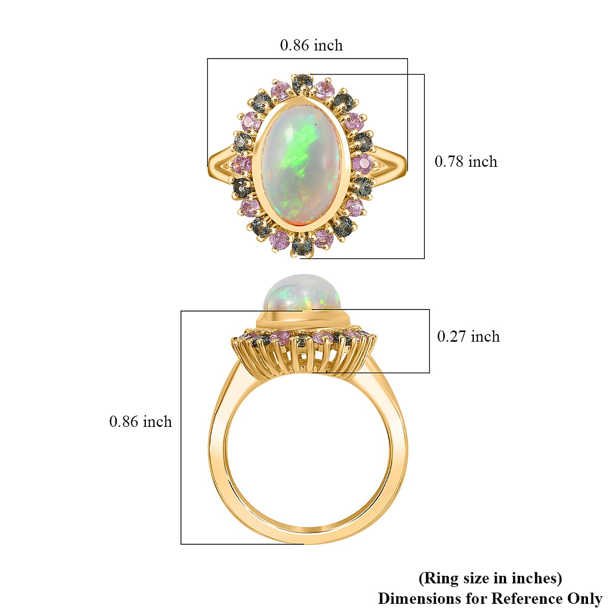 Premium Ethiopian Welo Opal, Pink and Green Sapphire 3.20 ctw Blooming Ring in 18K Vermeil Yellow Gold Over Sterling Silver (Size 10.0)